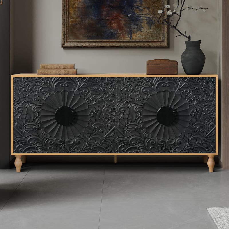 63" Accent TV Stand with Carved Doors & Wood Legs for Living Room - Black+Natural