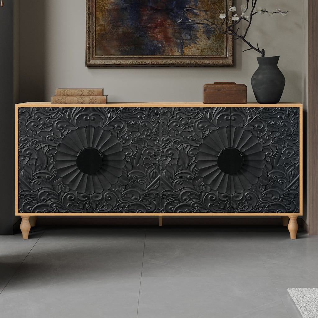 Black+Natural 63" Accent TV Stand with Carved Doors & Wood Legs for Living Room