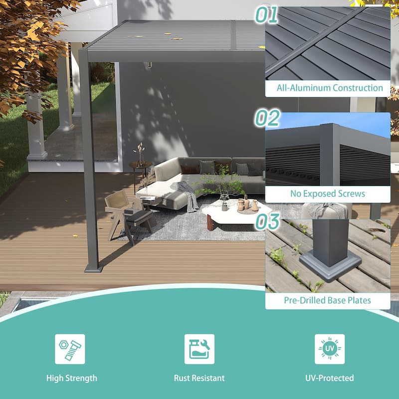 EROMMY Outdoor Louvered Pergola Gazebo with Adjustable Aluminum Rainproof Roof and Pull-Down Screen