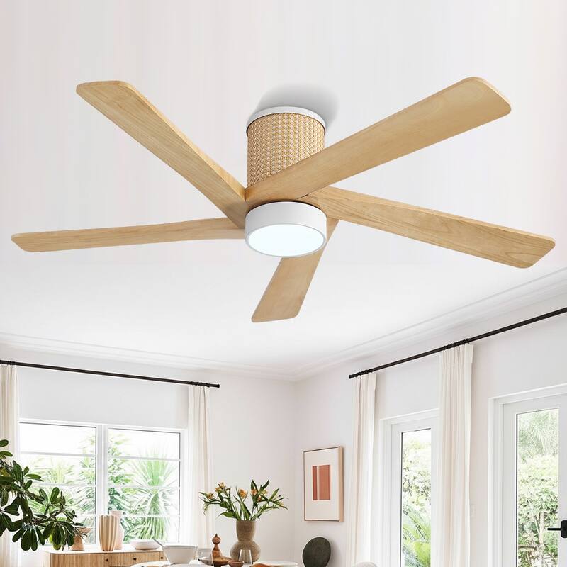 MLiAN 5 Solid Wood Blades DC Motor Indoor Downrod Flush Mount Ceiling Fan Remote Integrated LED