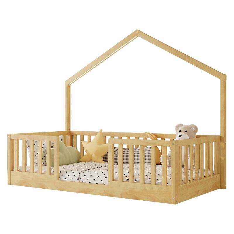 Roomfitters Twin/Full Floor Platform Bed, House Frame and LED Light with Wooden High Rails for Bedrooms or Guest Rooms