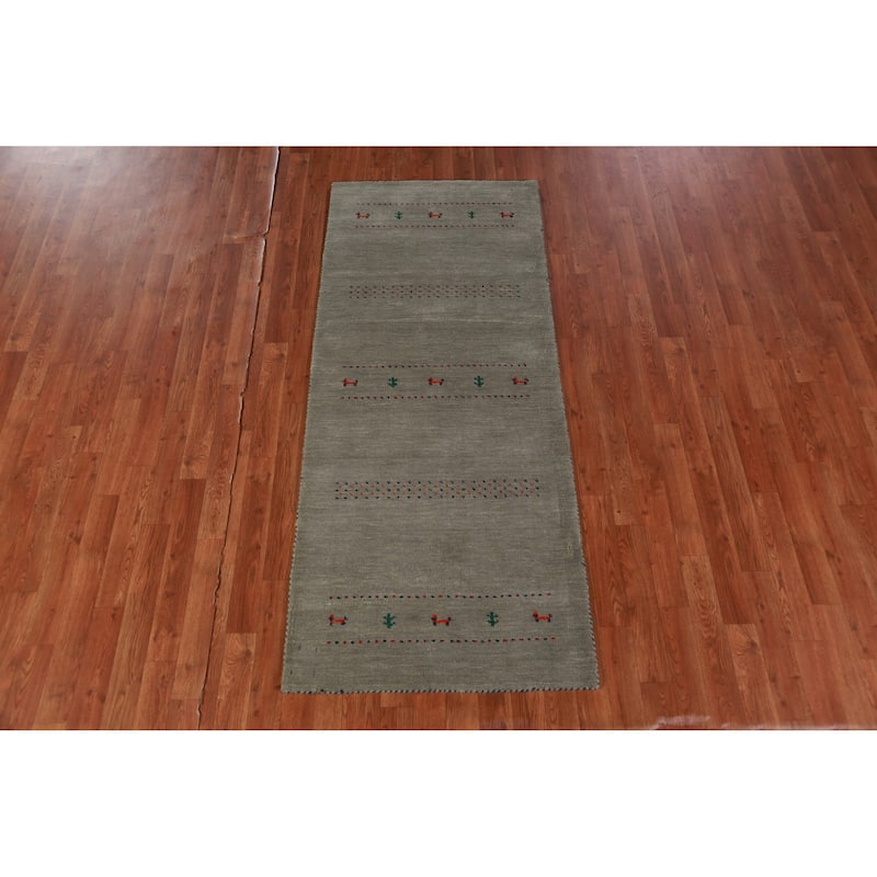 Hand Knotted Oriental 100% Wool Carpet Tribal Animal Pictorial Green Gabbeh Runner Rug - 6' 6'' X 2' 9''