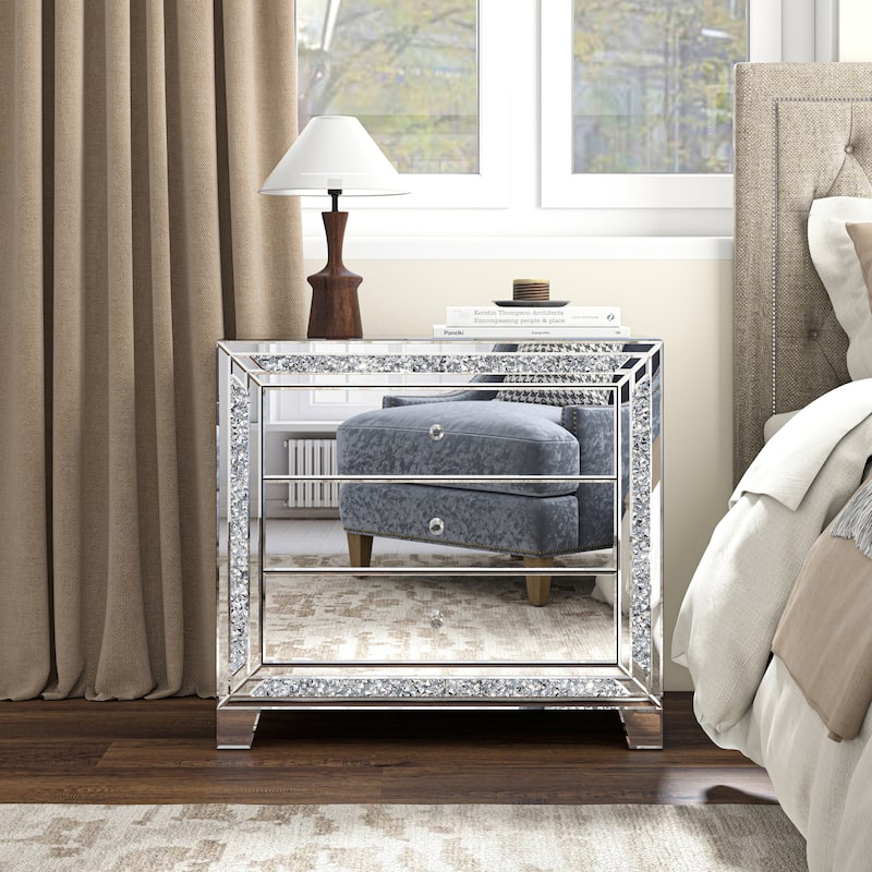 Glam Mirror Nightstand Bedside Table with 3 Drawer Chest