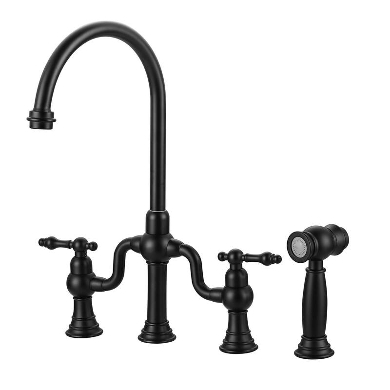 WOWOW Double Handle High Arc Bridge Kitchen Faucet with Side Sprayer - Matte Black