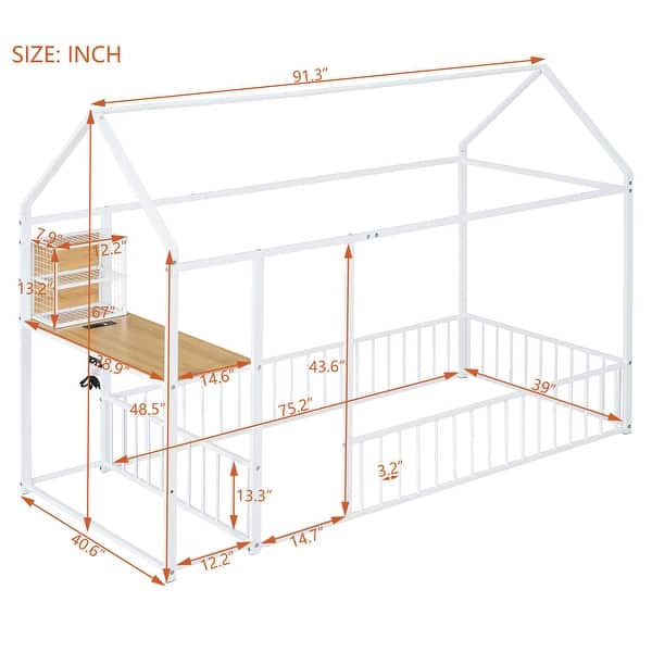 Twin Metal House Bed Frame with Built-in Desk Shelves Power Outlets and USB Ports for Kids Teens