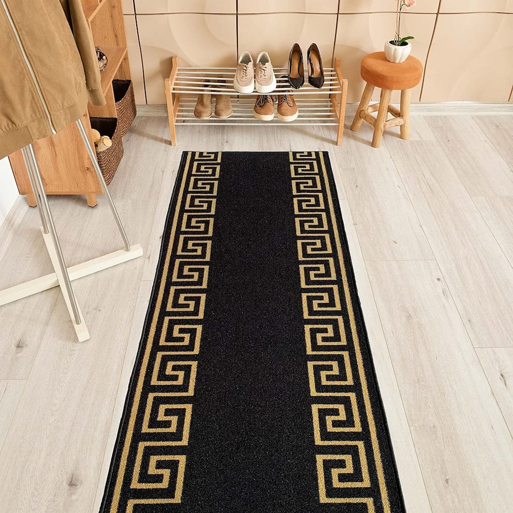 Custom Size Greek Key Black 26 Inch Wide Non-Slip Stair Runner Rug