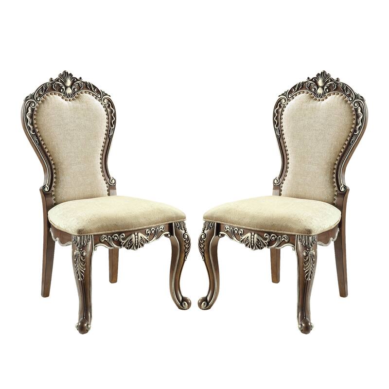 Set of 2 Chenille Padded Dining Side Chair in Antique Oak and Beige - Antique Oak/Beige - Set of 2