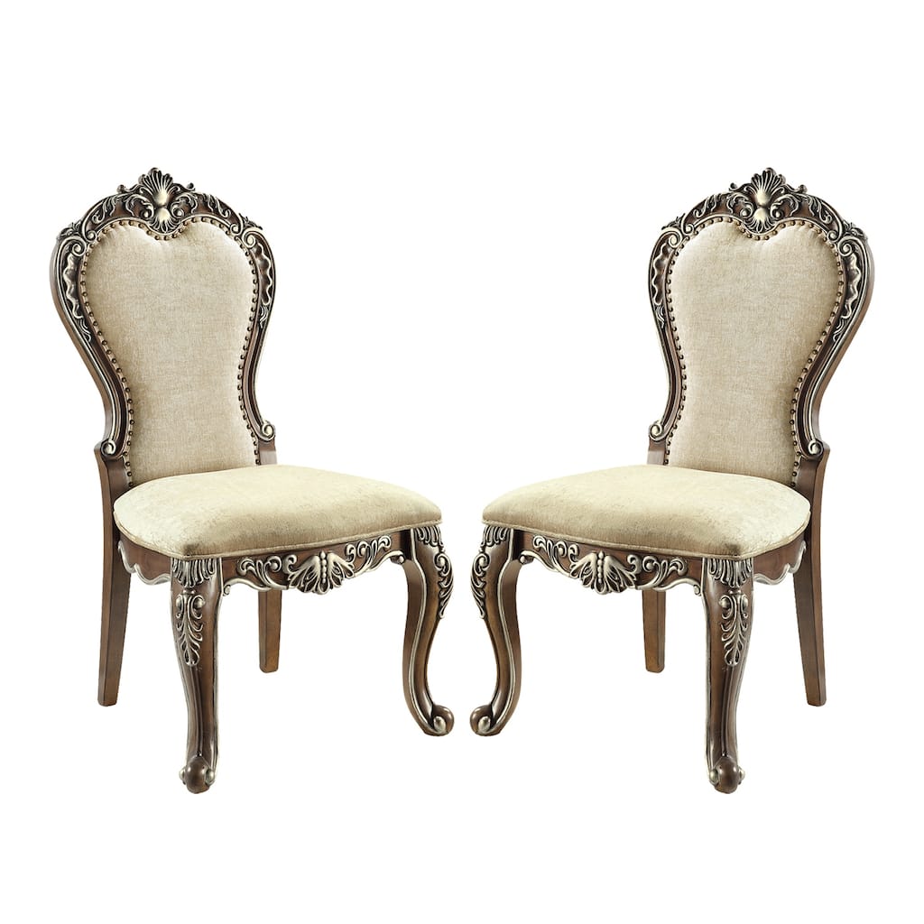 Set of 2 Chenille Padded Dining Side Chair in Antique Oak and Beige