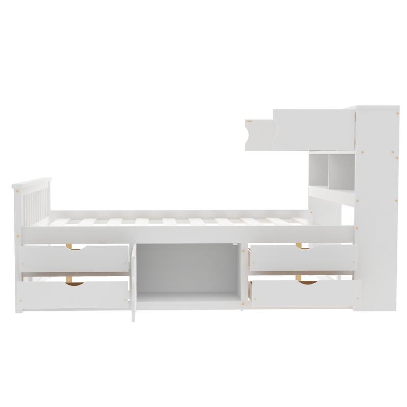 Full Size Wood Platform Bed with Storage Bookcases and Shelves,Drawers
