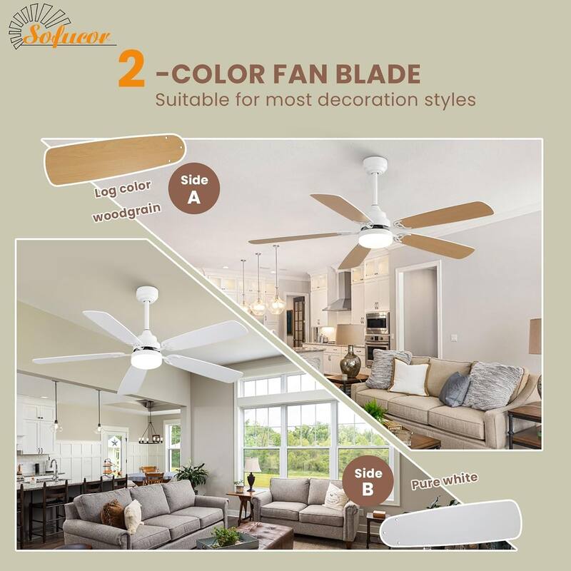 52 Inch Flush Mount & Downrod Ceiling Fan With Light and Remote Modern Ceiling Fan Bedroom - N/A