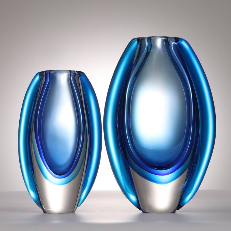 Luxury Lane Hand Blown Sommerso Oval Art Glass Vase 8.5-10 inch tall - Blue - 8.5