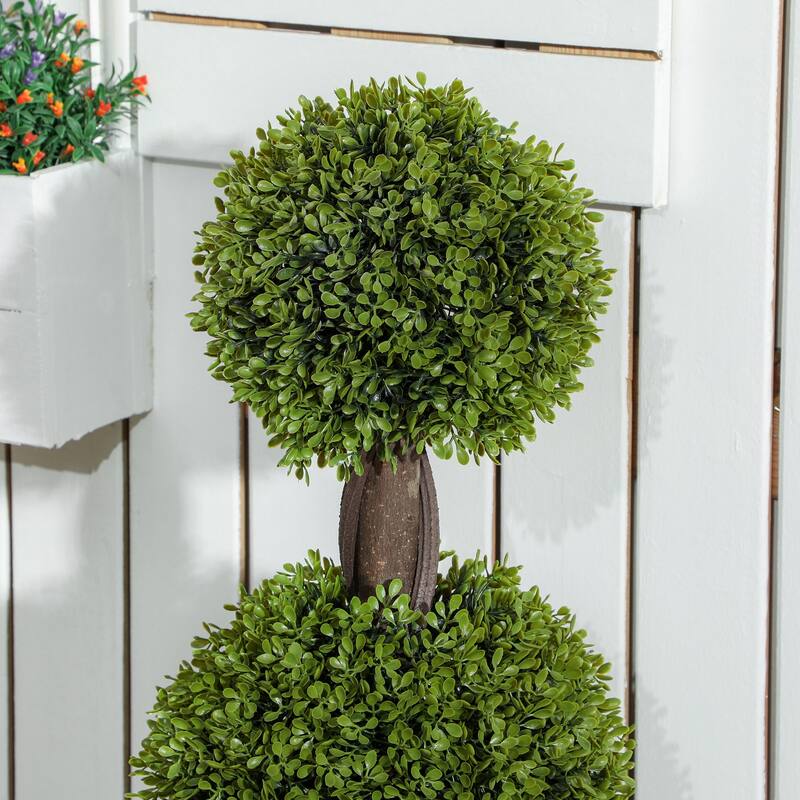 HOMCOM Set of 2 Decorative Artificial Plants, Topiary Ball-shaped Boxwood Trees in Pots, Fake Plants for Home Indoor outdoor