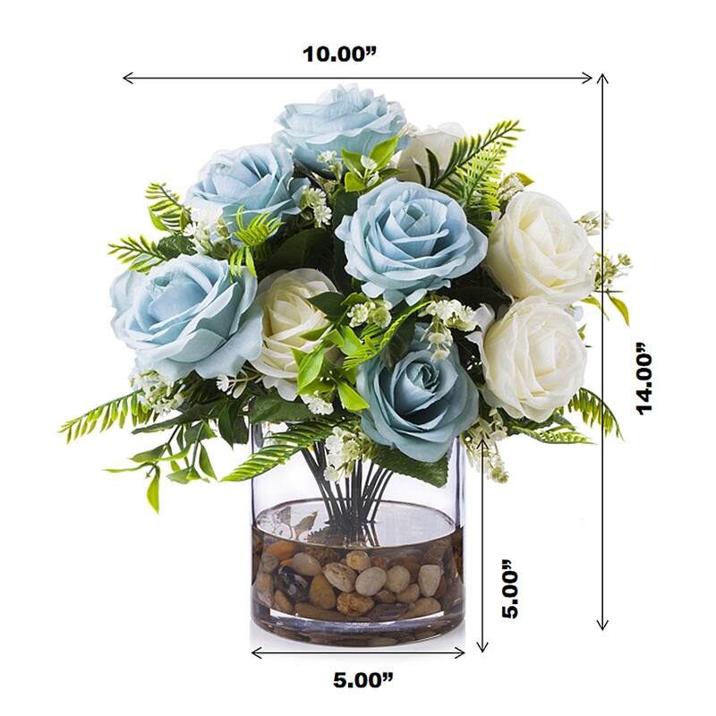 Enova Home Artificial 18 Heads Cream Blue Fake Silk Rose Flowers Arrangement in Clear Glass Vase with River Rock for Home Decor