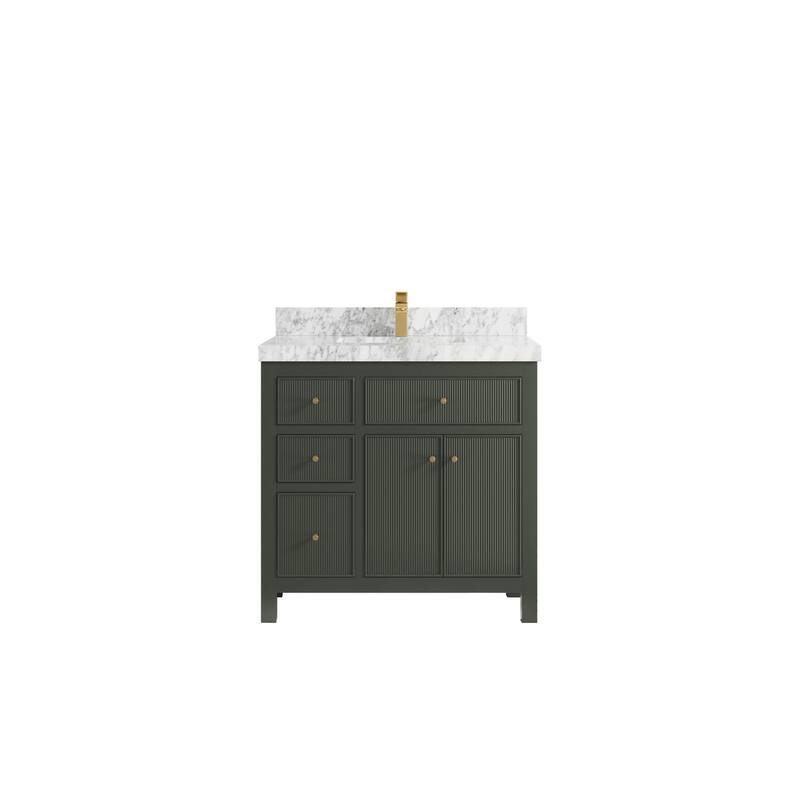 Willow Collections 36 in W x 22 in D Sonoma Center Sink Free Standing Reeded Bathroom Vanity with Countertop - 2" Carrara Marble - Pewter Green