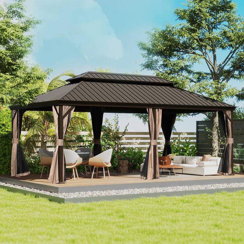 12' X 18' Hardtop Gazebo with Drainage System, Galvanized Steel Roof, Curtains, and Netting for Outdoor Living