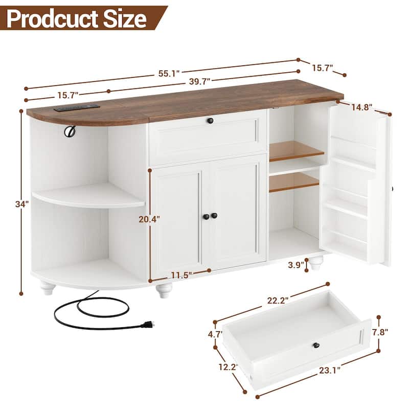 55'' Farmhouse Buffet Cabinet with Charging Station, Coffee Sideboard for Kicthen and Bar