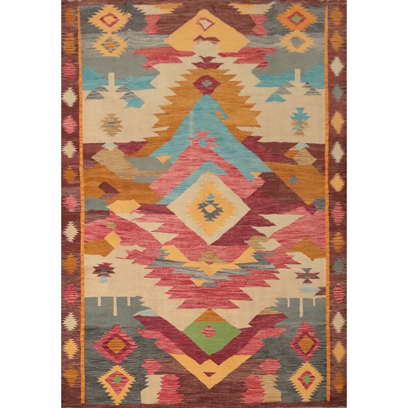 Hand Woven Oriental 100% Wool Carpet Southwestern Tribal Multi-Colored Kilim Area Rug - 9' 9'' X 8' 5''