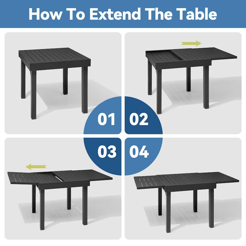 VredHom 11PC Outdoor Patio Aluminum Expandable Rectangle Dining Set Table with Folding Chairs