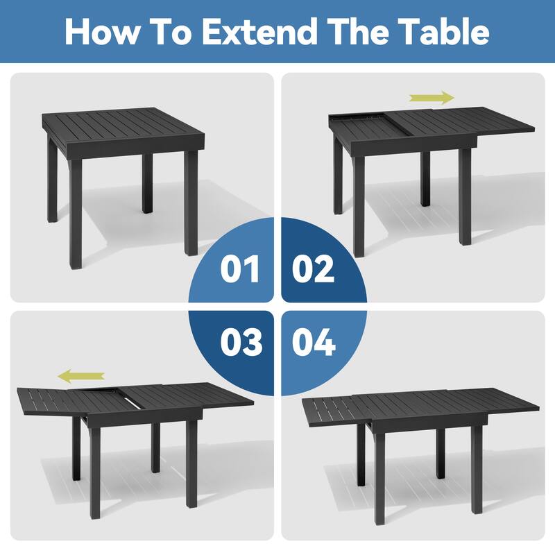 VredHom 7PC Outdoor Patio Aluminum Expandable Rectangle Table Dining Set with Stackable Chairs