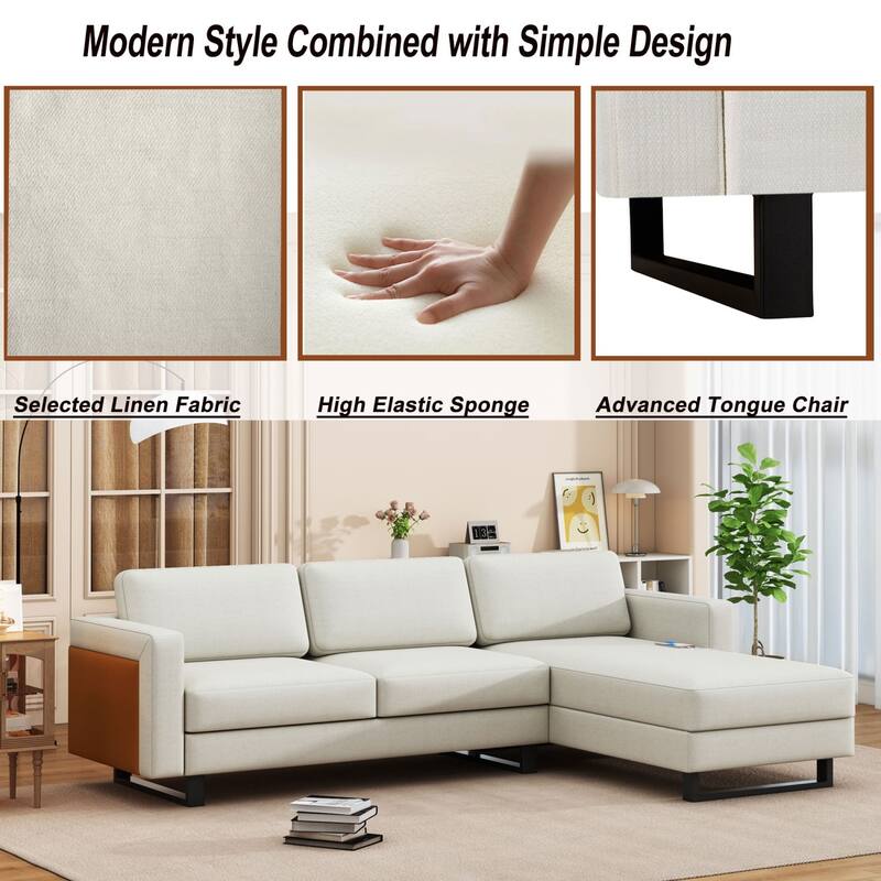 3-Seat Linen Upholstered L-Shaped Sectional Sofa with Chaise Longue