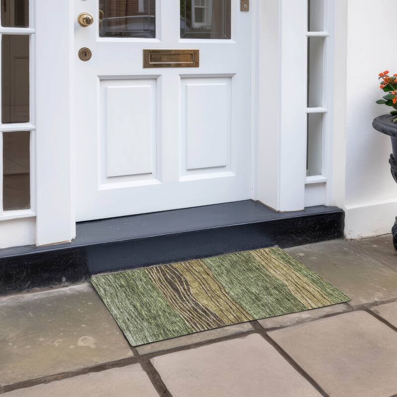 Machine Washable Indoor/ Outdoor Chantille Modern Stripes Rug - Olive - 1'8" x 2'6"
