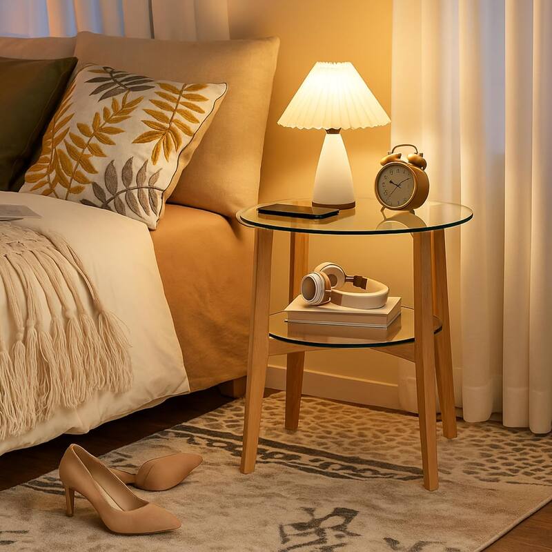 24 Inches 2-tier Glass Round End Table with Shelf and Wooden Legs