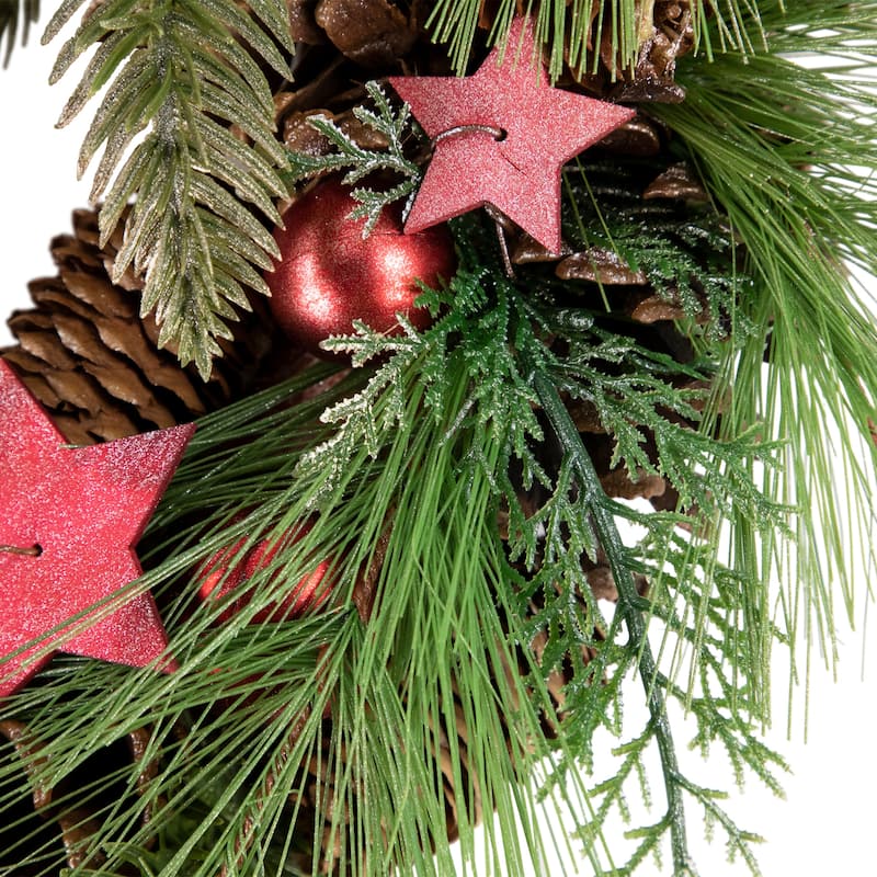 Red and Green Pine Needle Pinecone and Star Christmas Wreath 13.5-Inch Unlit - 13.5"
