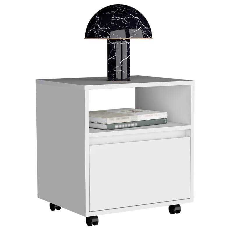 Mobile Nightstand with Drawer, Open Shelf, and Casters in White