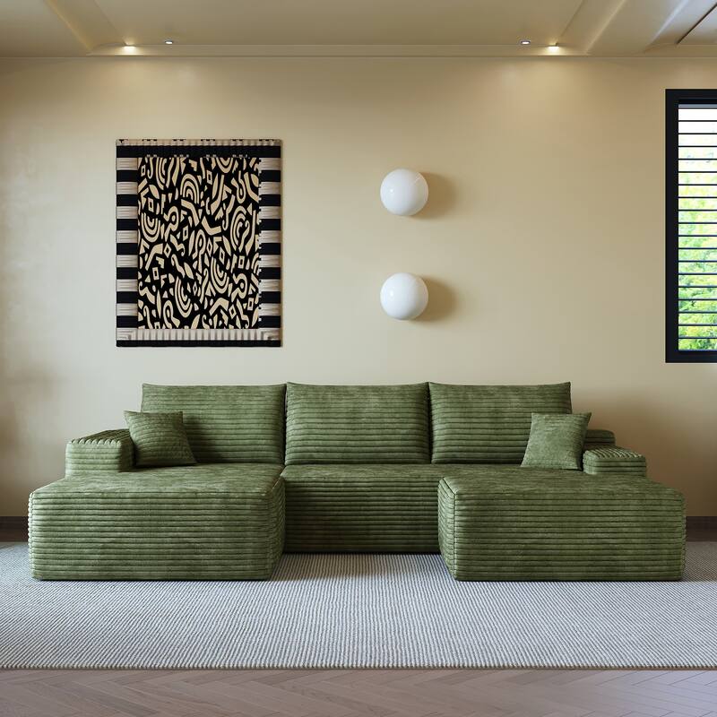 U-Shape Modular Sectional Sofa with Chaise & Ottoman, Corduroy Boneless Cloud Sofa, Corner Upholstered Sleeper Sofa