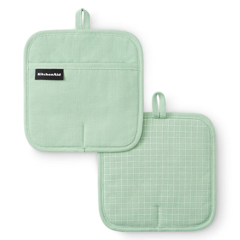 KITCHENAID Gourmet Series Gridlines Pot Holders 2-Pack Set, Heat Resistant up to 600°F, Soft Silicone Grip, Magnetic Cuff - Pistachio Green