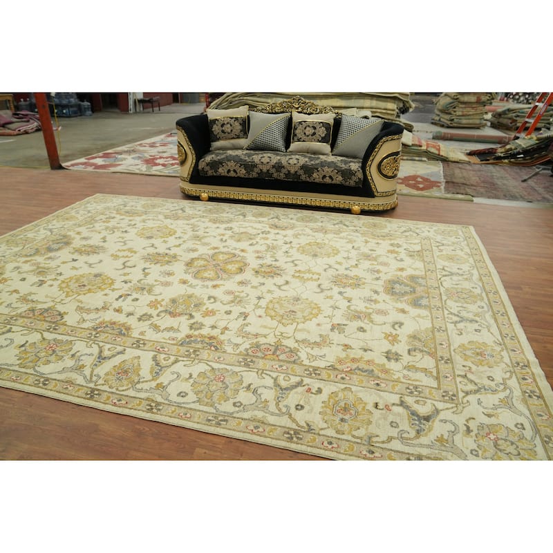 Handmade Floral Oushak Vegetable Dye Large Rug, Floral Geometric Carpet - 13' 8'' X 10' 1''