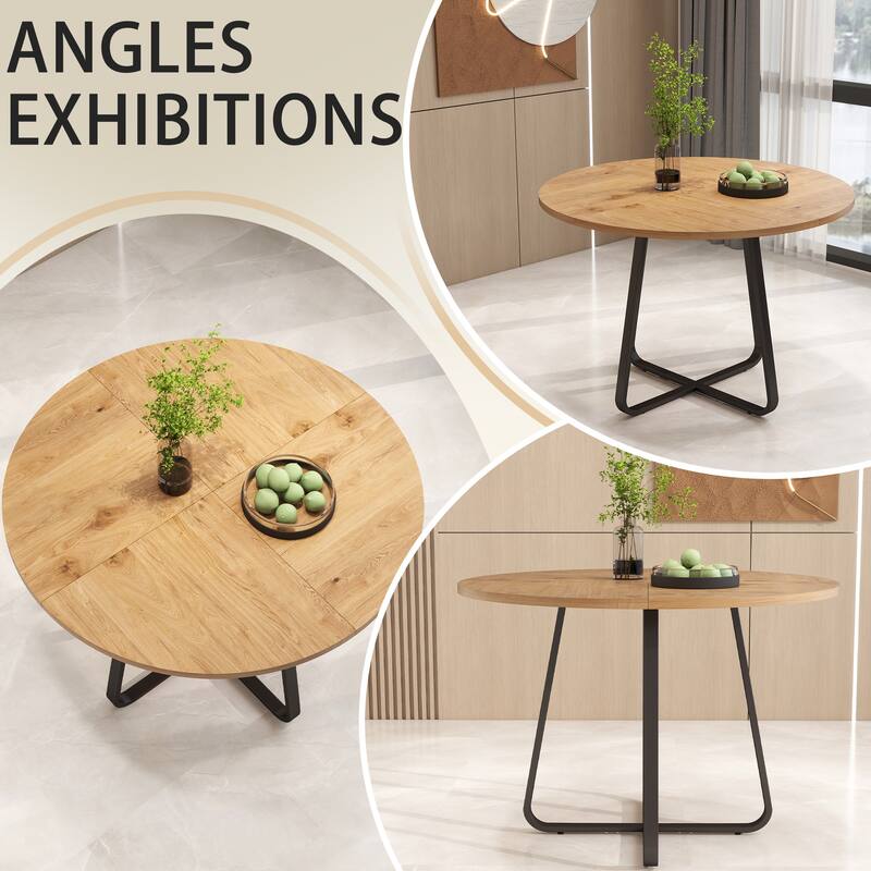 43.3" Round Dining Table for 4-6 People, MDF Wood Tabletop with Metal Legs, Modern Kitchen Table with X-Shaped Base