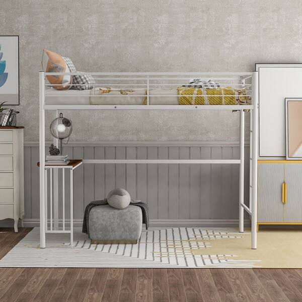 slide 2 of 15, Multiple Functions Design Loft Bed with Built-in Desk, Ladder and Guardrails, Twin Size, White White