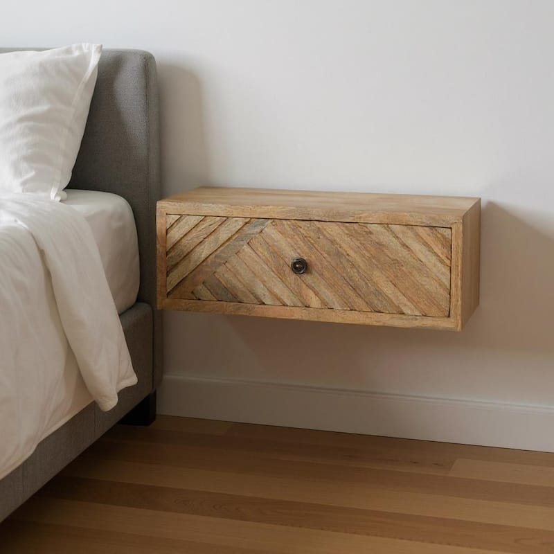 HomeRoots 18" Natural Solid Wood Carved Geometric One Drawer Floating Nightstand - Natural - 1-drawer