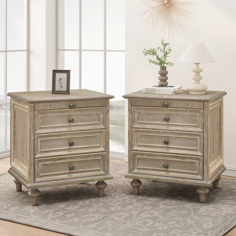 GDFStudio Vespertine Solid Wood 4-Drawer Nightstand with Pull-Out Tray - 2 Piece+Natural+ White