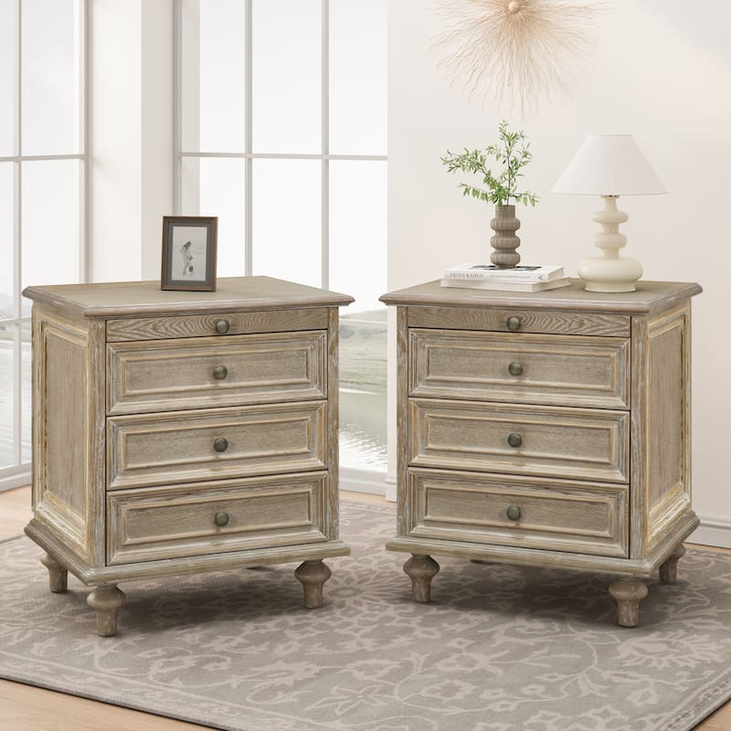 Nightstands with Drawers & Hidden Pull-Out Shelf & Metal Handle - Natural+White(Set of 2)