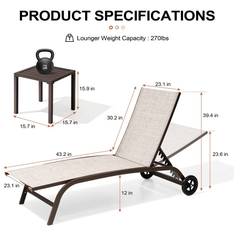 Outdoor Chaise Lounges and Side Table, Patio Lounger with Wheels 3-Piece Set - See Picture