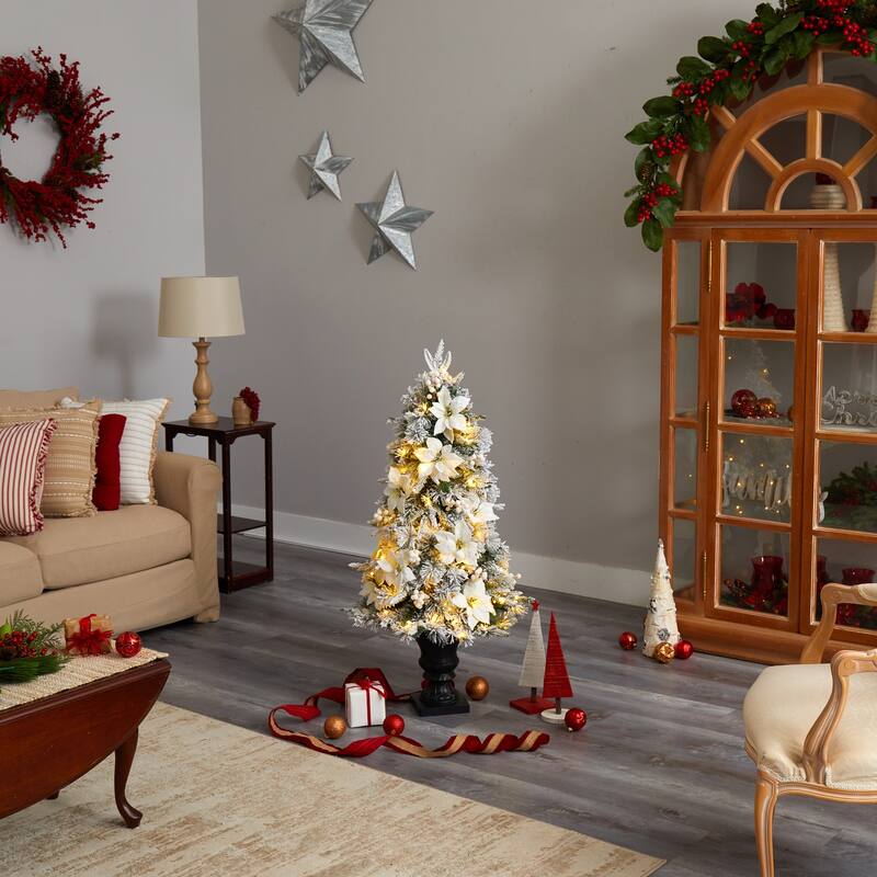 4ft. Flocked Artificial Christmas Tree with 223 Branches & 100 Warm Lights in Decorative Urn - Snowy Holiday X-Mas Glow