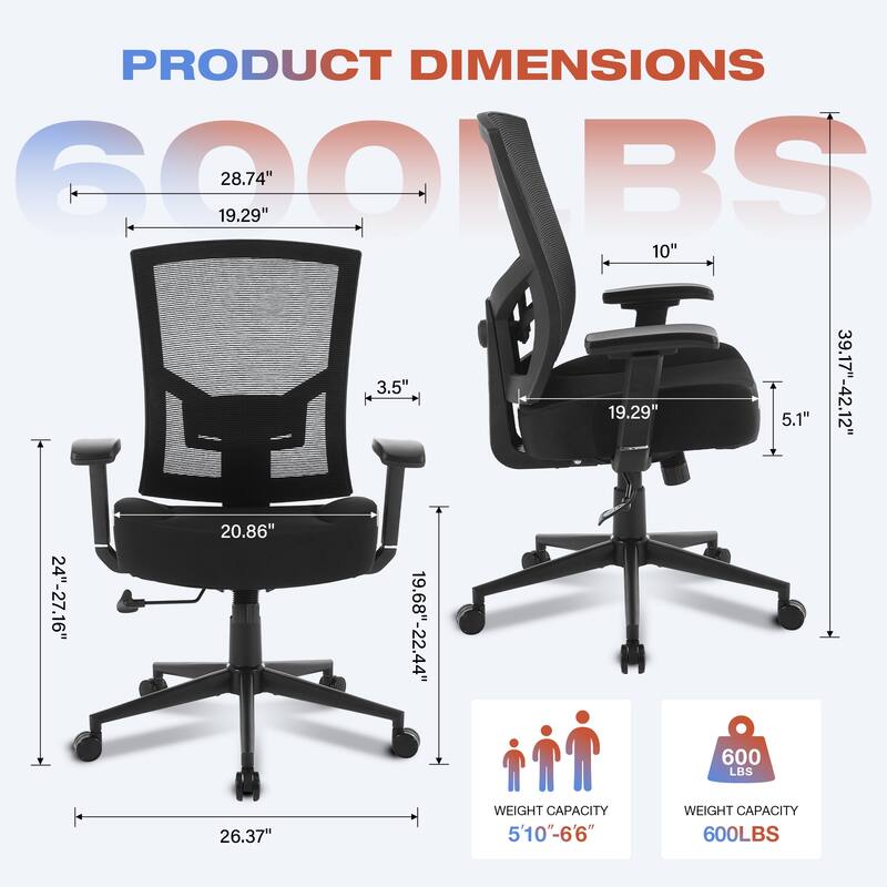 Big and Tall Office Chair 600lbs with Lumbar Support for Eight Hour Daily Work Ergonomic Mesh Desk Chair Widen 3D Cushion
