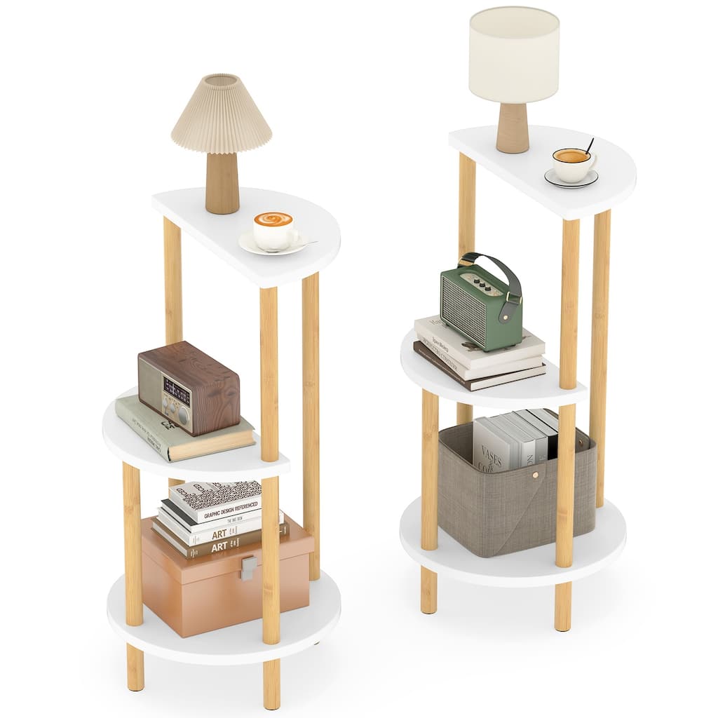 Gymax 24'' Round Side Table Set of 2 w/Storage Shelves Bamboo