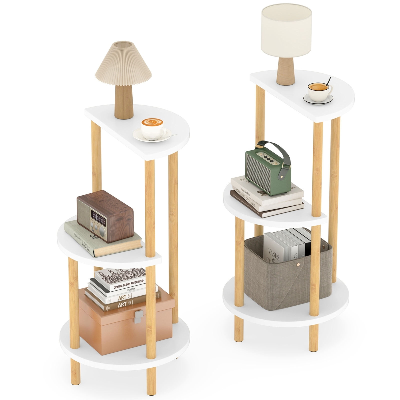 Gymax 24'' Round Side Table Set of 2 w/Storage Shelves Bamboo