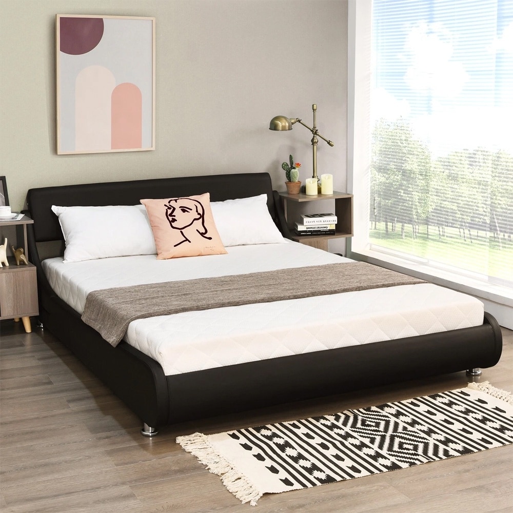 Full Faux Leather Upholstered Platform Bed Adjustable Headboard Black
