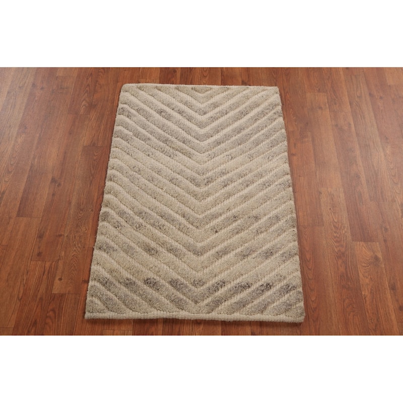 Chevron Style Moroccan Oriental Foyer Rug Handmade Wool Carpet - 2'0"x 3'0"