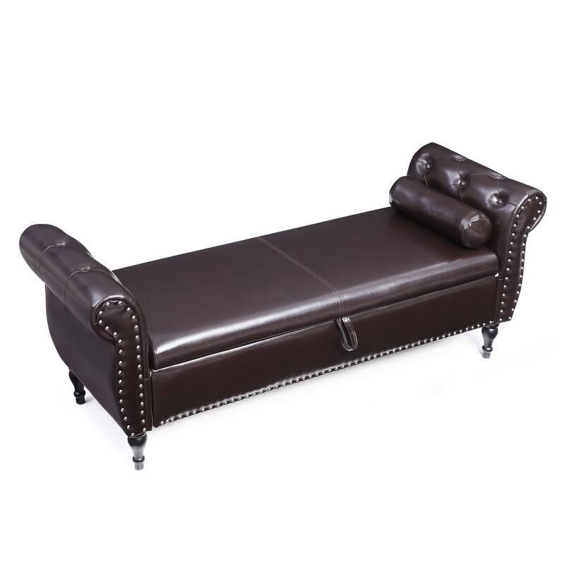 63" PU Upholstered End of Bed Bench Flip Top Entryway Ottoman with Safety Hinge Storage Rectangular Sofa Stool Buttons
