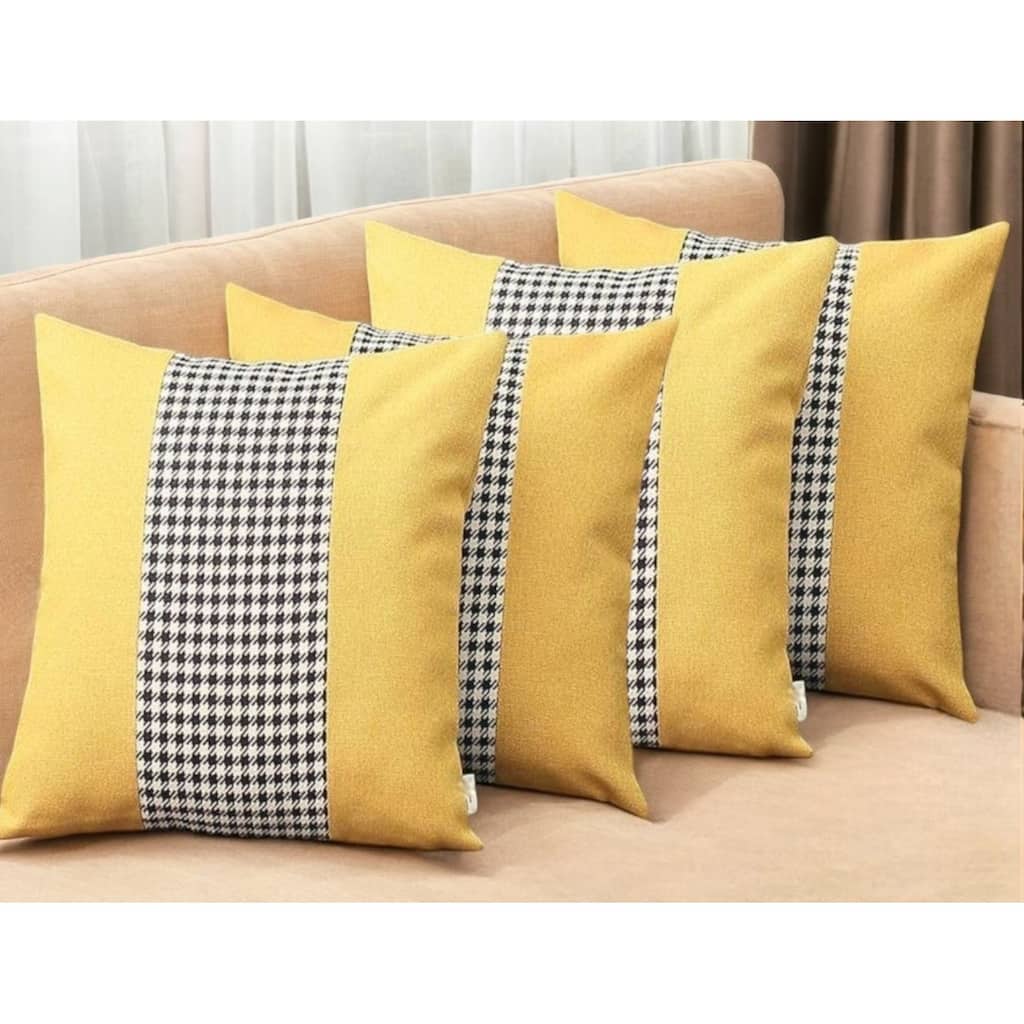 Set of Four 18" Yellow Black and White Houndstooth Fabric Throw Pillows