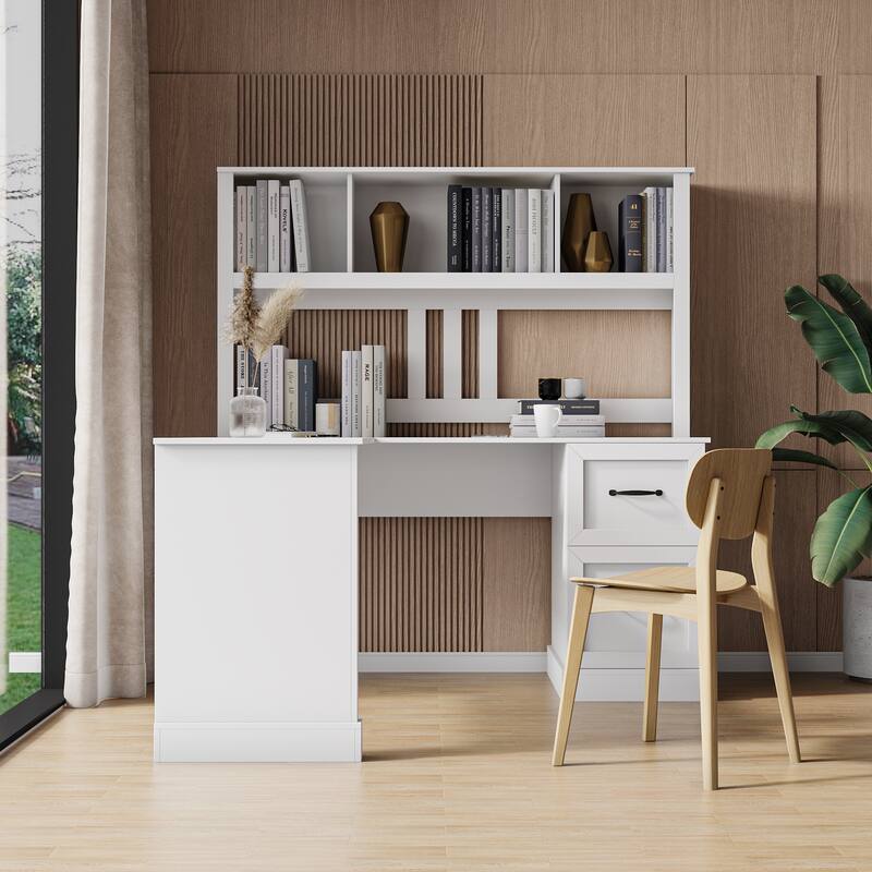 Home Office Computer Desk with Hutch, L-Shape Work Desk Corner Desk with 2-tier Open Shelf and 2 Large Drawer - White