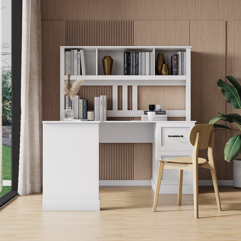 Home Office Computer Desk with Hutch, L-Shape Work Desk Corner Desk with 2-tier Open Shelf and 2 Large Drawer