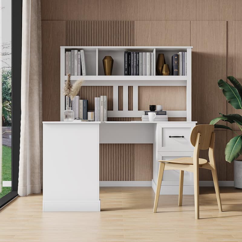 Home Office Computer Desk with Hutch - White
