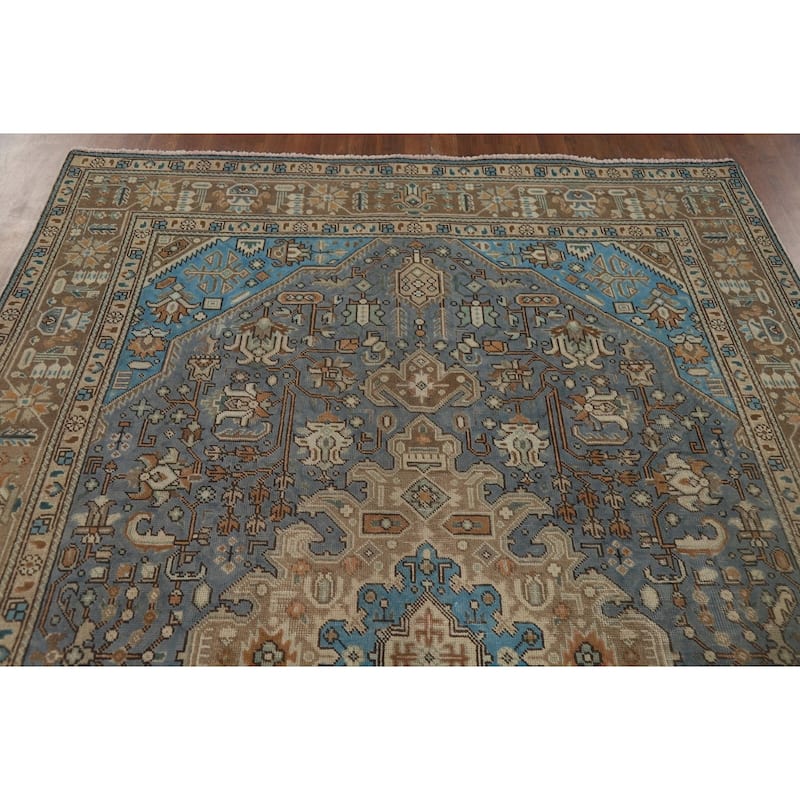 Blue Geometric Tabriz Vintage Persian Rug Hand-Knotted Wool Carpet - 6'5" x 9'4"