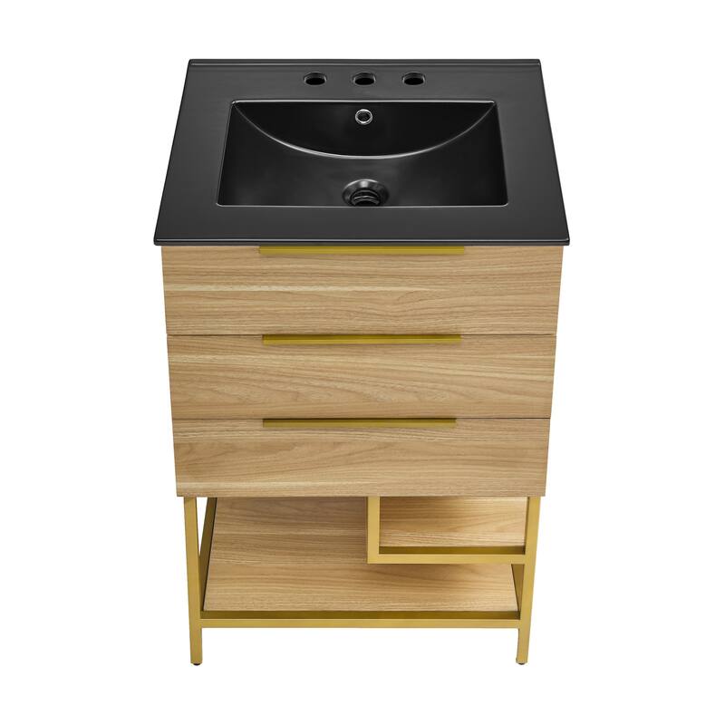 Carre 24 In. White Oak Bathroom Vanity With Black, 3-Hole Ceramic Sink Top